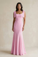 Square Neck Mermaid Bridesmaid Dress With Bow in Pink - KissProm Bridesmaid Dresses