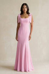 Square Neck Mermaid Bridesmaid Dress With Bow in Pink - KissProm Bridesmaid Dresses