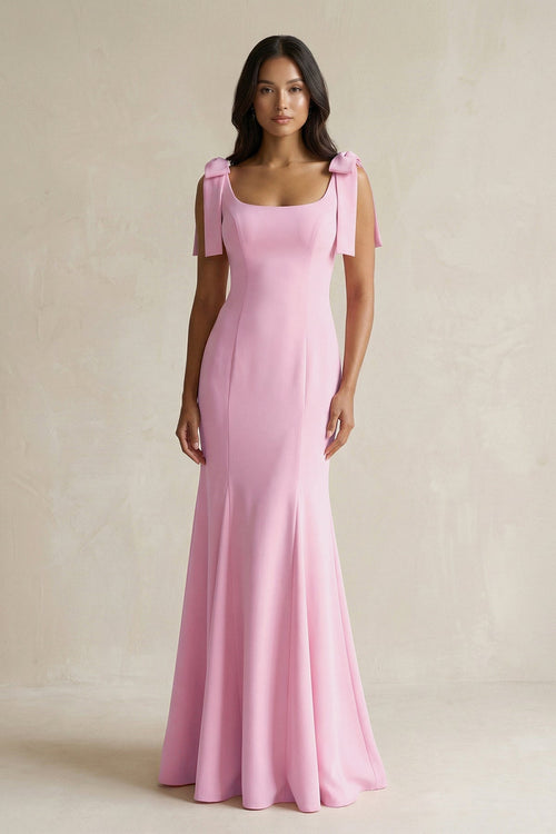 Square Neck Mermaid Bridesmaid Dress With Bow in Pink - KissProm Bridesmaid Dresses