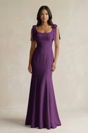 Square Neck Mermaid Bridesmaid Dress With Bow in Plum - KissProm Bridesmaid Dresses