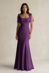 Square Neck Mermaid Bridesmaid Dress With Bow in Plum - KissProm Bridesmaid Dresses