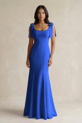Square Neck Mermaid Bridesmaid Dress With Bow in Royal Blue - KissProm Bridesmaid Dresses