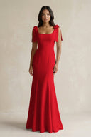 Square Neck Mermaid Bridesmaid Dress With Bow in Ruby Red - KissProm Bridesmaid Dresses