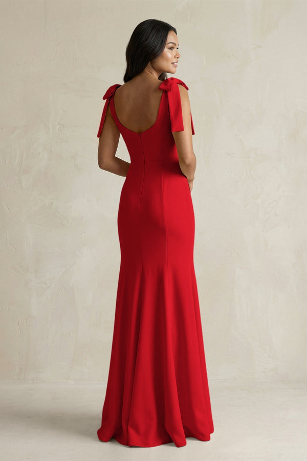 Square Neck Mermaid Bridesmaid Dress With Bow in Ruby Red - KissProm Bridesmaid Dresses