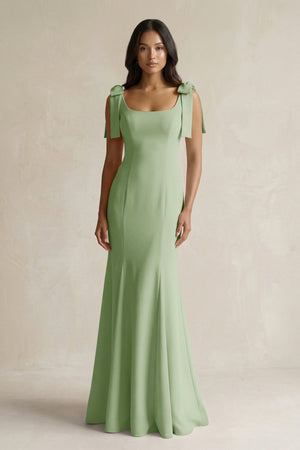 Square Neck Mermaid Bridesmaid Dress With Bow in Sage - KissProm Bridesmaid Dresses
