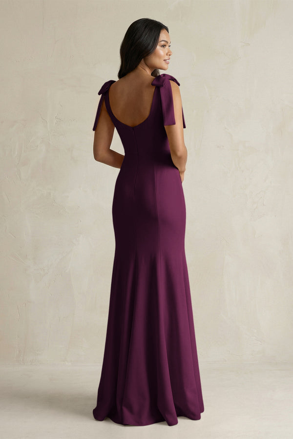 Square Neck Mermaid Bridesmaid Dress With Bow in Sangria - KissProm Bridesmaid Dresses