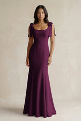Square Neck Mermaid Bridesmaid Dress With Bow in Sangria - KissProm Bridesmaid Dresses