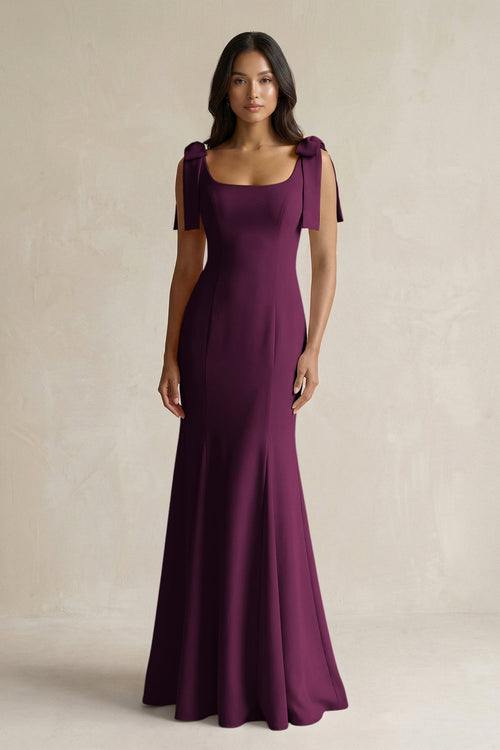 Square Neck Mermaid Bridesmaid Dress With Bow in Sangria - KissProm Bridesmaid Dresses