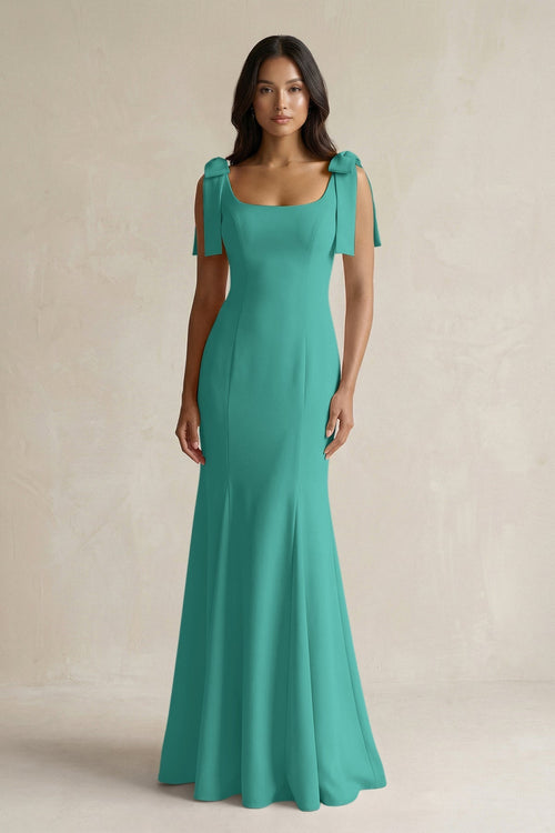 Square Neck Mermaid Bridesmaid Dress With Bow in Sea Glass - KissProm Bridesmaid Dresses