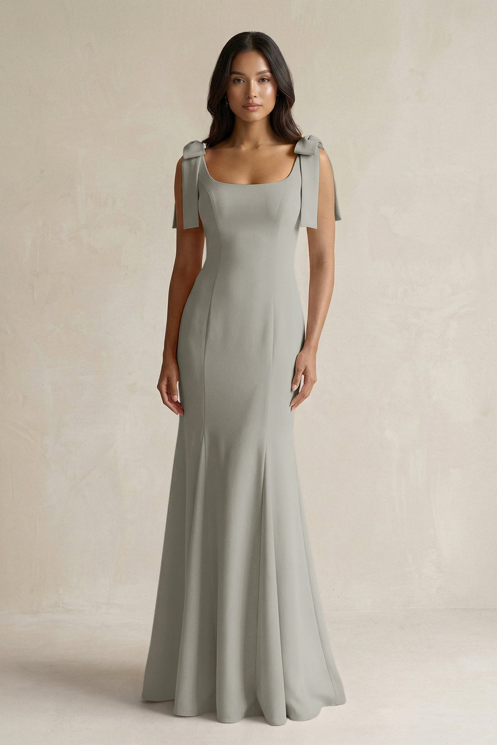 Square Neck Mermaid Bridesmaid Dress With Bow in Silver - KissProm Bridesmaid Dresses