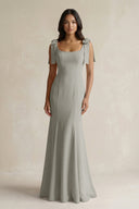 Square Neck Mermaid Bridesmaid Dress With Bow in Silver - KissProm Bridesmaid Dresses