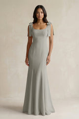 Square Neck Mermaid Bridesmaid Dress With Bow in Silver - KissProm Bridesmaid Dresses