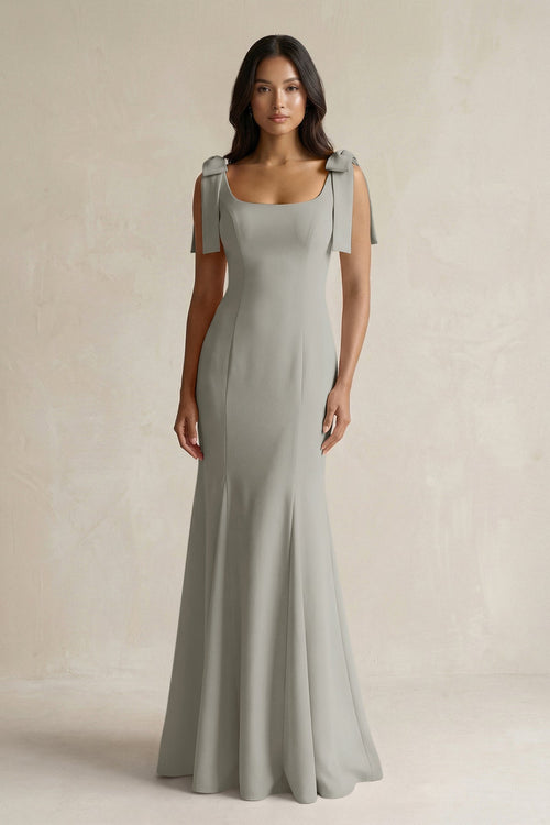 Square Neck Mermaid Bridesmaid Dress With Bow in Silver - KissProm Bridesmaid Dresses