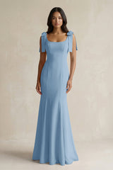 Square Neck Mermaid Bridesmaid Dress With Bow in Sky Blue - KissProm Bridesmaid Dresses
