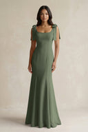 Square Neck Mermaid Bridesmaid Dress With Bow in Thyme - KissProm Bridesmaid Dresses