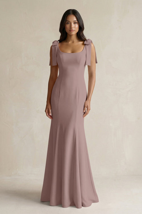 Square Neck Mermaid Bridesmaid Dress With Bow in Toffee - KissProm Bridesmaid Dresses