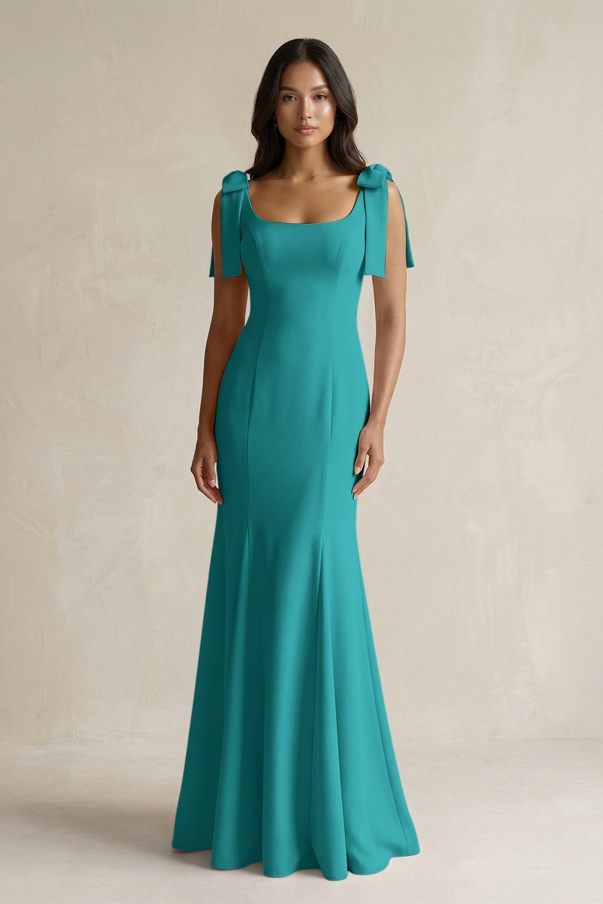 KissProm Square Neck Mermaid Bridesmaid Dress With Bow in Turquoise, Turquoise / 10