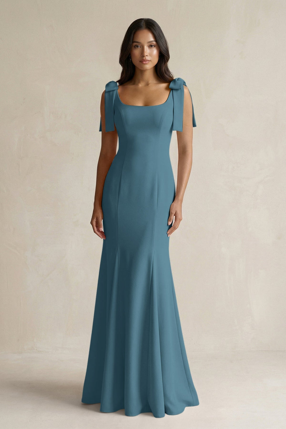 Square Neck Mermaid Bridesmaid Dress With Bow in Twilight - KissProm Bridesmaid Dresses