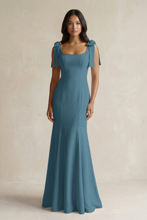 Square Neck Mermaid Bridesmaid Dress With Bow in Twilight - KissProm Bridesmaid Dresses
