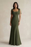 Square Neck Mermaid Bridesmaid Dress With Bow in Willow Green - KissProm Bridesmaid Dresses