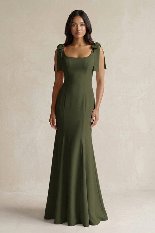 Square Neck Mermaid Bridesmaid Dress With Bow in Willow Green - KissProm Bridesmaid Dresses