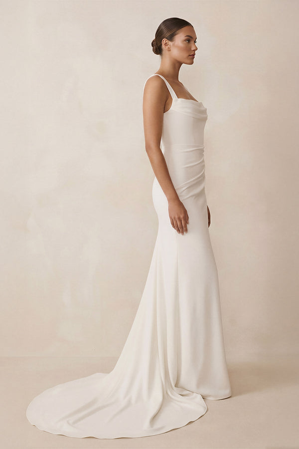 Square Neck Mermaid Satin Corset Wedding Dress in White - KissProm Wedding Dresses