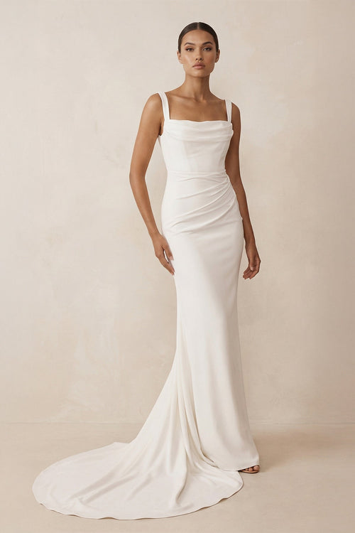Square Neck Mermaid Satin Corset Wedding Dress in White - KissProm Wedding Dresses