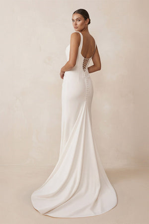 Square Neck Mermaid Satin Corset Wedding Dress in White - KissProm Wedding Dresses