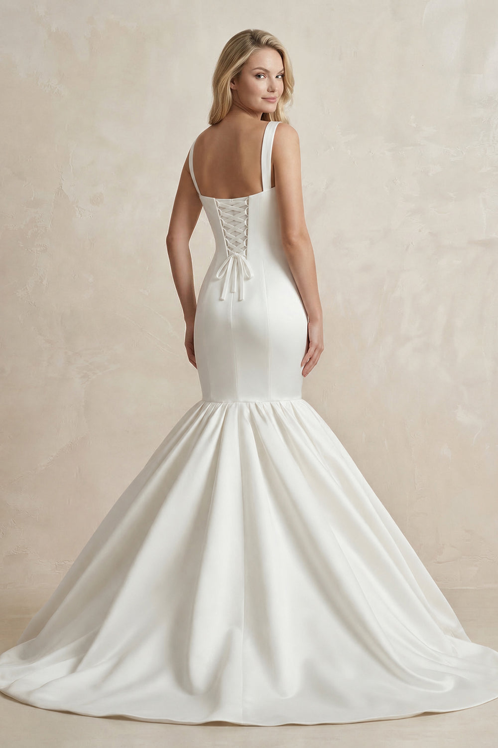 Square Neck Mermaid Satin Wedding Dress in White - KissProm Wedding Dresses