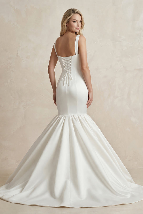 Square Neck Mermaid Satin Wedding Dress in White