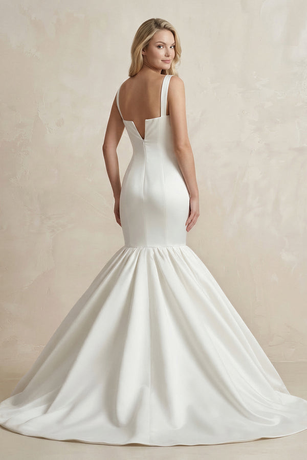 Square Neck Mermaid Satin Wedding Dress in White - KissProm Wedding Dresses
