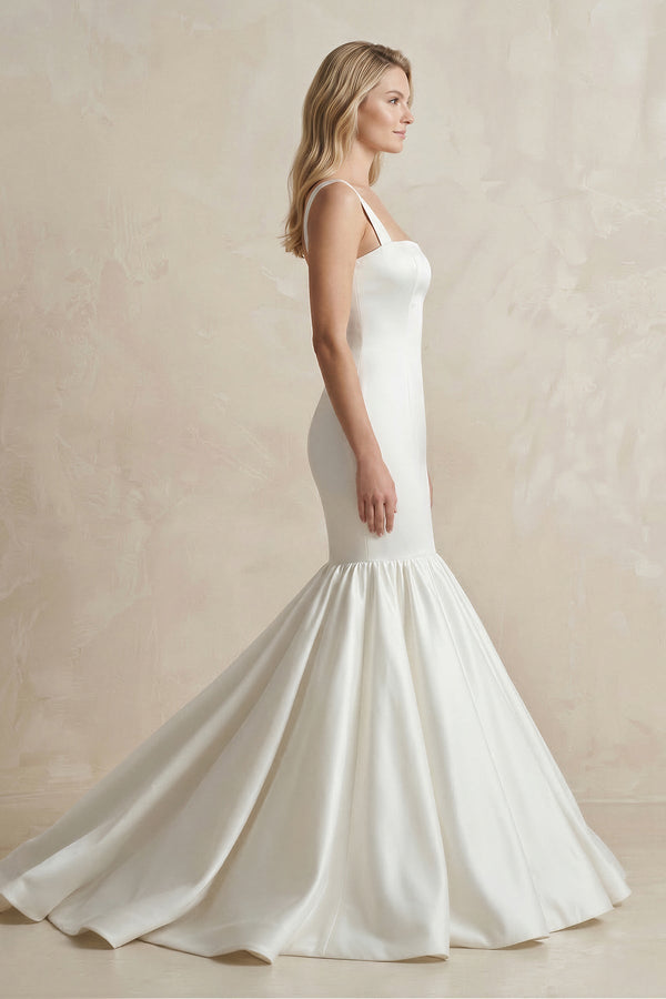 Square Neck Mermaid Satin Wedding Dress in White - KissProm Wedding Dresses