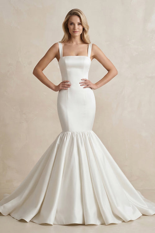 Square Neck Mermaid Satin Wedding Dress in White - KissProm Wedding Dresses