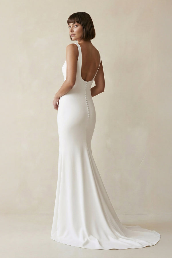 Long Square Neck Mermaid White Wedding Dress, Diamond White / 6 Long Square Neck Mermaid White Wedding Dress, Diamond White / 6