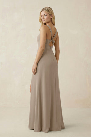Square Neck Ruched Sheath Satin Bridesmaid Dress in Almond - KissProm Bridesmaid Dresses