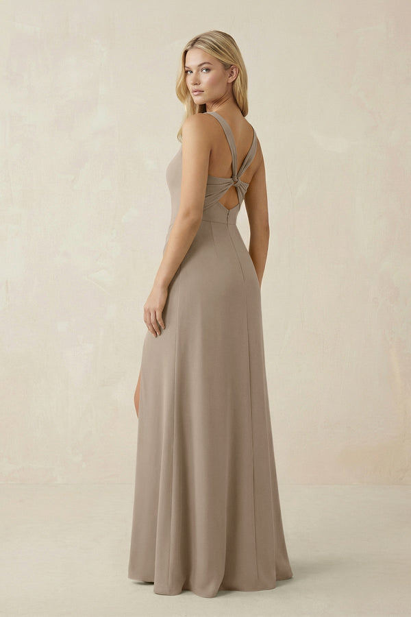 Square Neck Ruched Sheath Satin Bridesmaid Dress in Almond - KissProm Bridesmaid Dresses