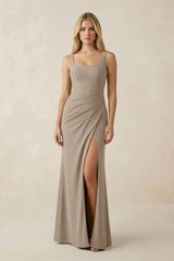 Square Neck Ruched Sheath Satin Bridesmaid Dress in Almond - KissProm Bridesmaid Dresses