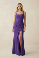 Square Neck Ruched Sheath Satin Bridesmaid Dress in Amethyst - KissProm Bridesmaid Dresses