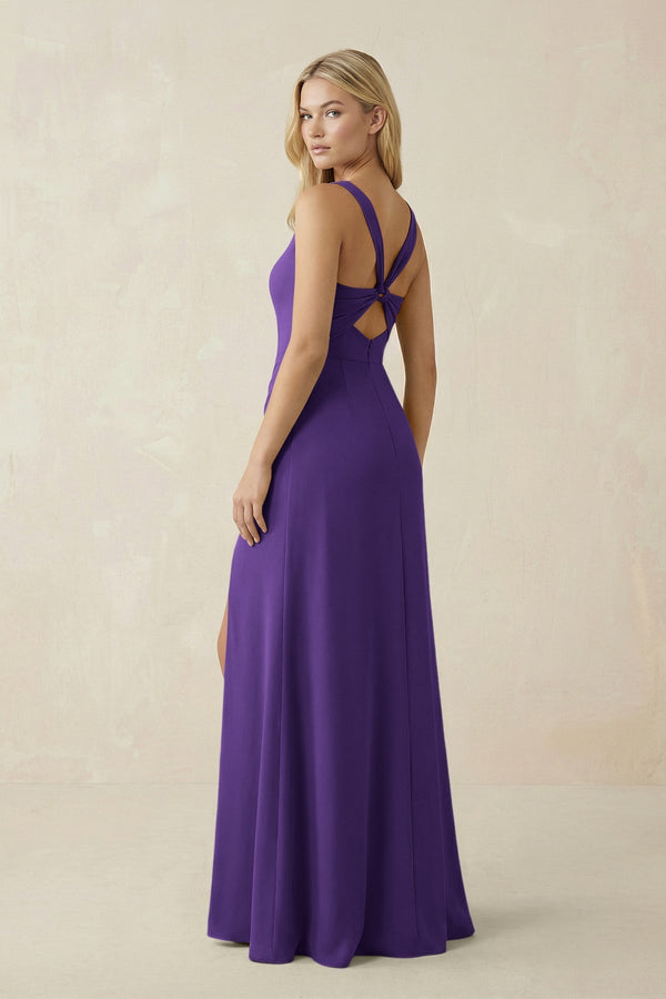 Square Neck Ruched Sheath Satin Bridesmaid Dress in Amethyst - KissProm Bridesmaid Dresses