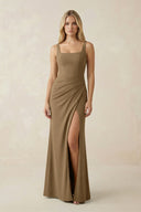 Square Neck Ruched Sheath Satin Bridesmaid Dress in Apple Cinnamon - KissProm Bridesmaid Dresses