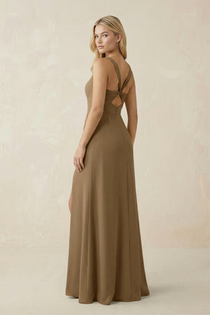 Square Neck Ruched Sheath Satin Bridesmaid Dress in Apple Cinnamon - KissProm Bridesmaid Dresses