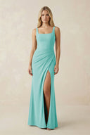 Square Neck Ruched Sheath Satin Bridesmaid Dress in Aqua - KissProm Bridesmaid Dresses