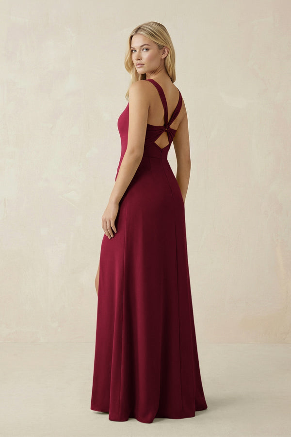 Square Neck Ruched Sheath Satin Bridesmaid Dress in Berry - KissProm Bridesmaid Dresses