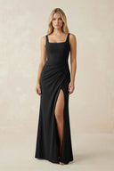 Square Neck Ruched Sheath Satin Bridesmaid Dress in Black - KissProm Bridesmaid Dresses