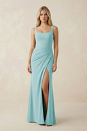 Square Neck Ruched Sheath Satin Bridesmaid Dress in Bleached Aqua - KissProm Bridesmaid Dresses