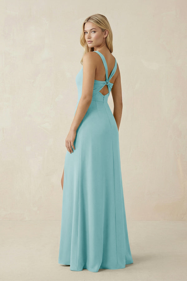 Square Neck Ruched Sheath Satin Bridesmaid Dress in Bleached Aqua - KissProm Bridesmaid Dresses
