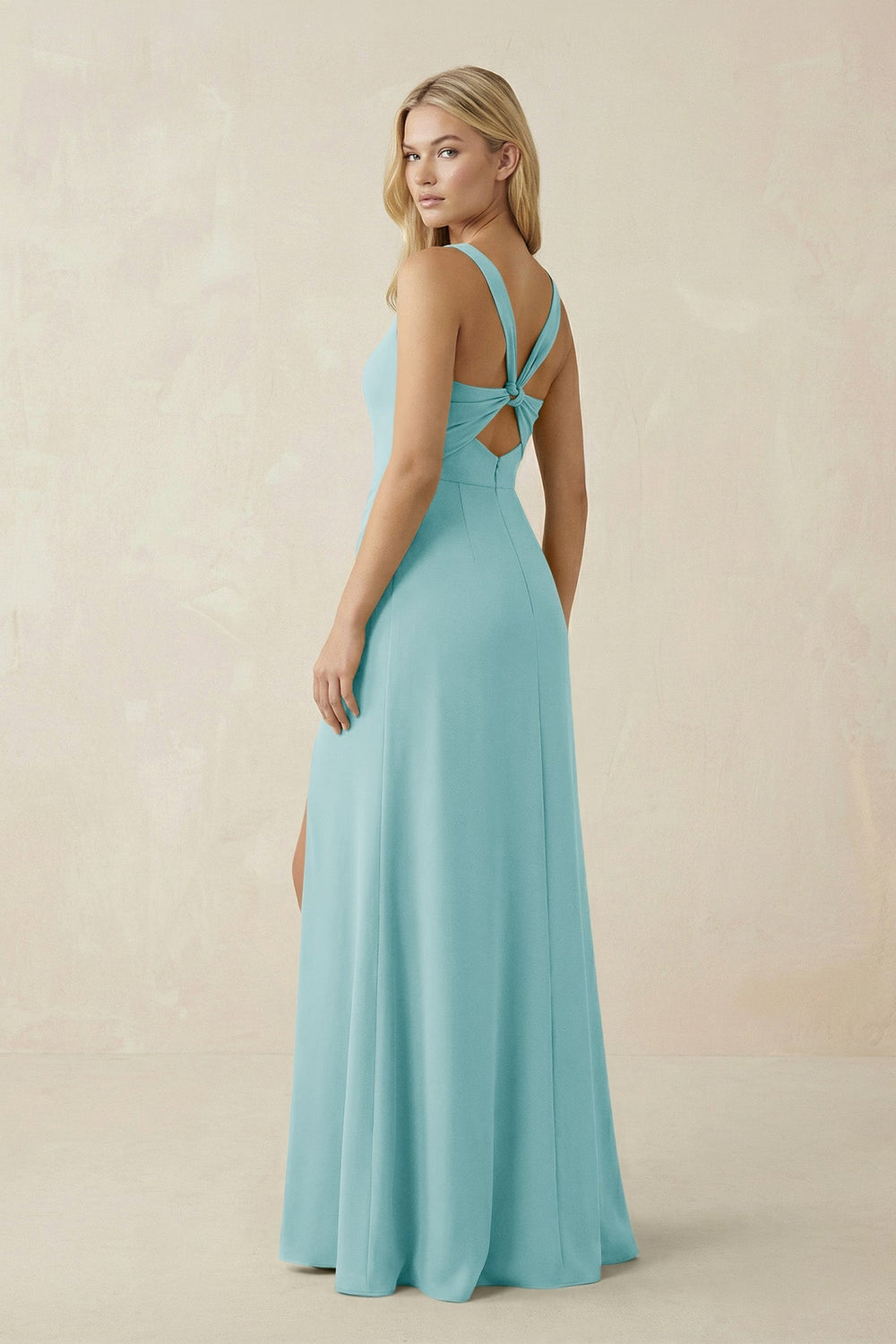 Square Neck Ruched Sheath Satin Bridesmaid Dress in Bleached Aqua - KissProm Bridesmaid Dresses
