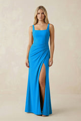 Square Neck Ruched Sheath Satin Bridesmaid Dress in Blue Jay - KissProm Bridesmaid Dresses