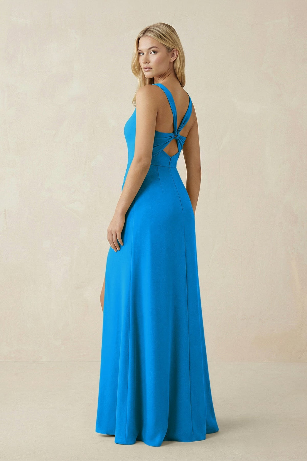 Square Neck Ruched Sheath Satin Bridesmaid Dress in Blue Jay - KissProm Bridesmaid Dresses