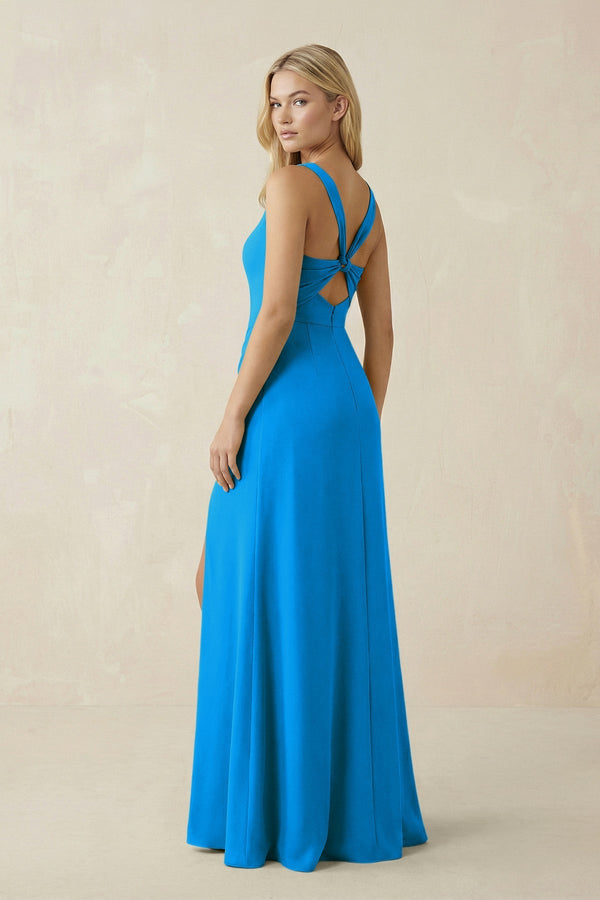 Square Neck Ruched Sheath Satin Bridesmaid Dress in Blue Jay - KissProm Bridesmaid Dresses